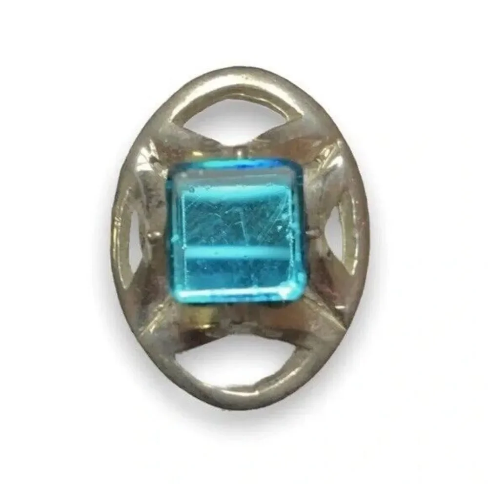 Vintage Silver Tone Blue Coated Glass Cube Ring Adjustable Band Size 7.25